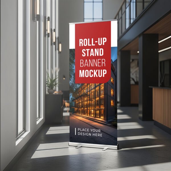 Office Roll Up Banner Mockup, Event Stand Banner Mockup