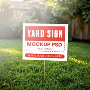 Yard sign mockup in a garden setting PSD