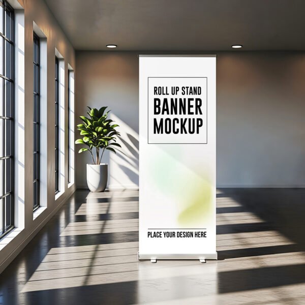 Clean Stand Banner Mockup in Office Desk PSD
