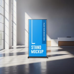 stand banner in front of desk mockup