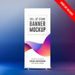 Blank roll up banner stand in dark room