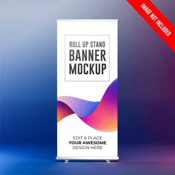 Blank roll up banner stand in dark room