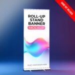 Rollup stand banner mockup on gradient background