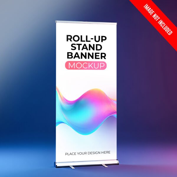 Rollup stand banner mockup on gradient background