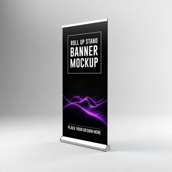 Roll up stand banner mockup with abstract purple waves