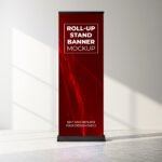 Rollup stand banner mockup with abstract red design