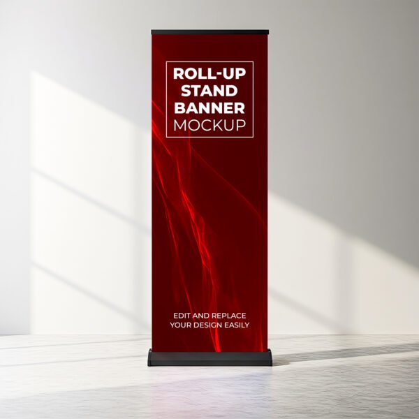 Rollup stand banner mockup with abstract red design