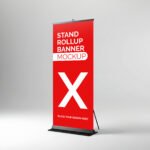 Realistic red rollup banner mockup for event promotion
