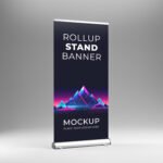 Rollup stand banner mockup with futuristic neon mountains