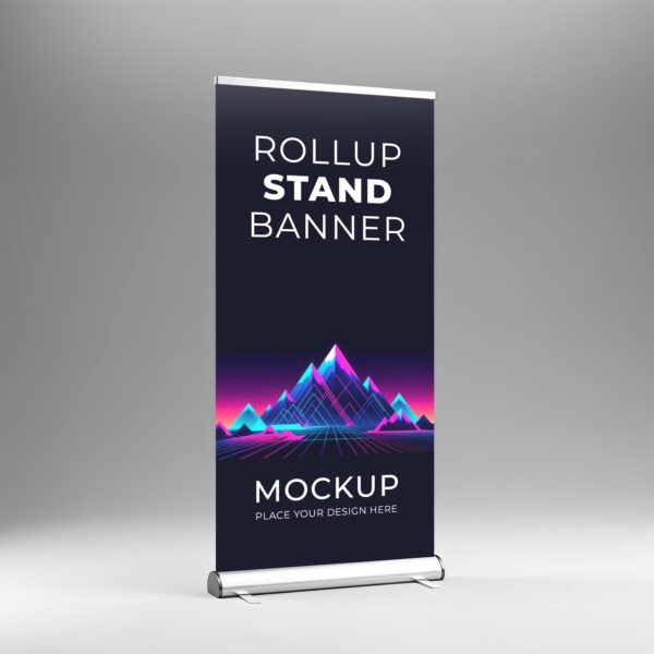Rollup stand banner mockup with futuristic neon mountains