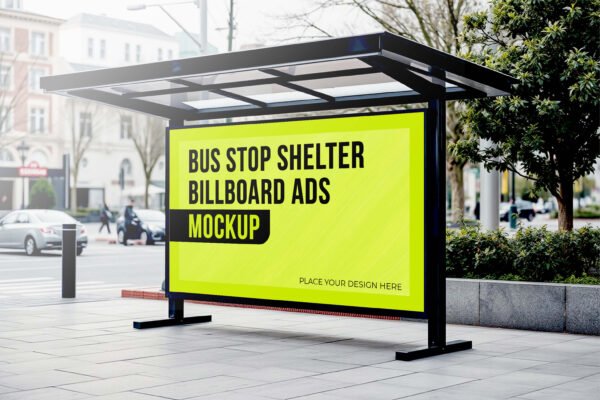 Bus Shelter Mockup, Outdoor Bus Stop Shelter Advertisement Mockup 1.psd