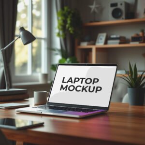 Laptop on the table Mockup front view MacBook PSD